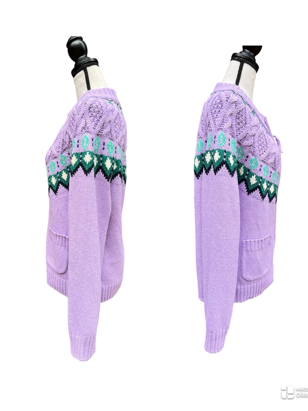 Talbots Lavender Purple Cable Knit Fair Isle Full Zip Cardigan Sweater Women’s L - Picture 5 of 10